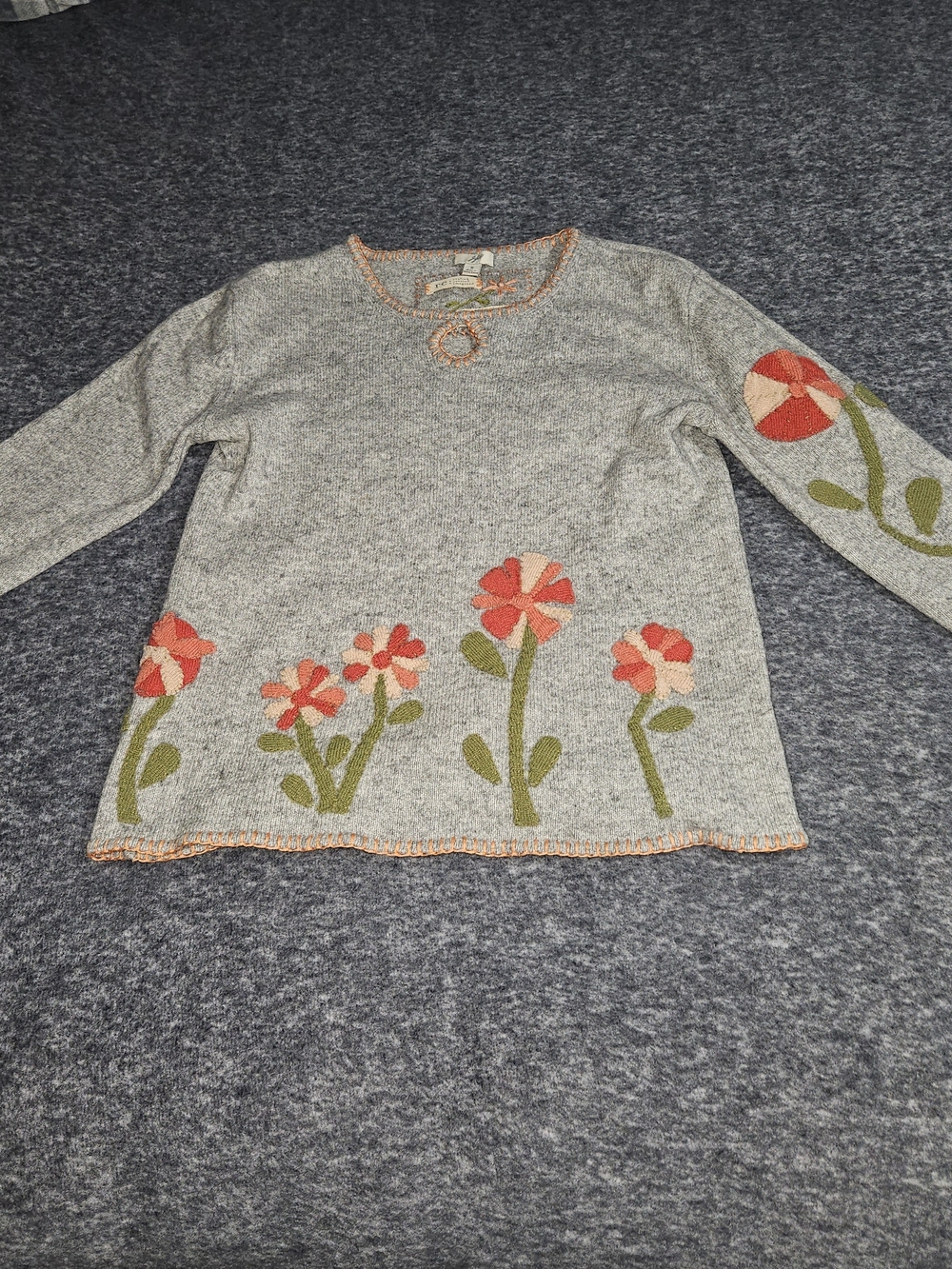 J. Jill Gray Sweater with Coral Pink Floral Appliqués Limited Edition